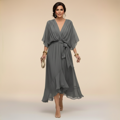 Comfortable women's summer V-neck flowy dress, an elegant choice for parties & special occasions.