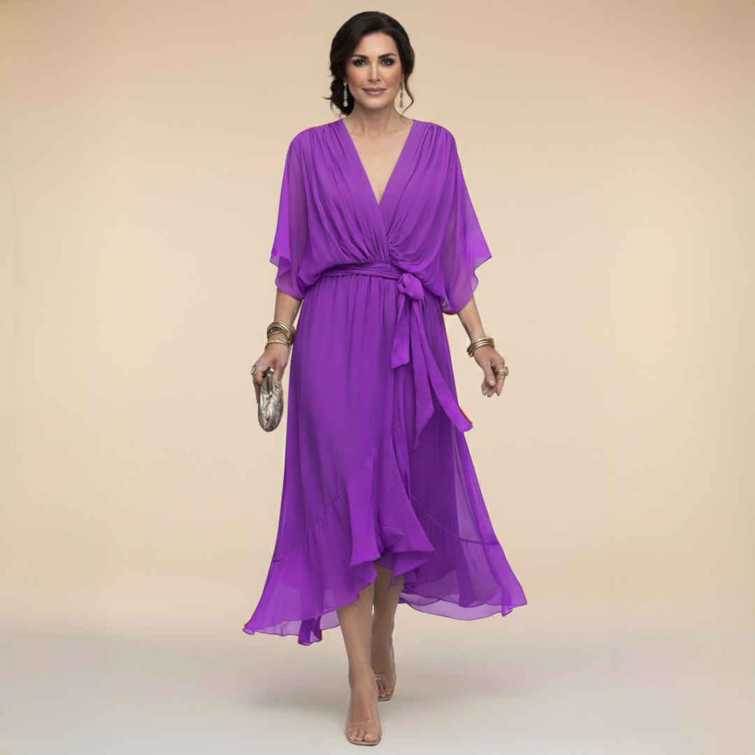 Versatile flowy V-neck dress for women, elegant and comfortable for summer parties & occasions.