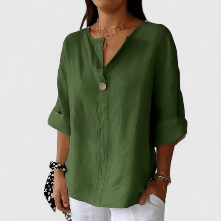 Fashionable women's V-neck knot shirt. Comfortable loose fit blouse for elegant everyday wear & summer style.
