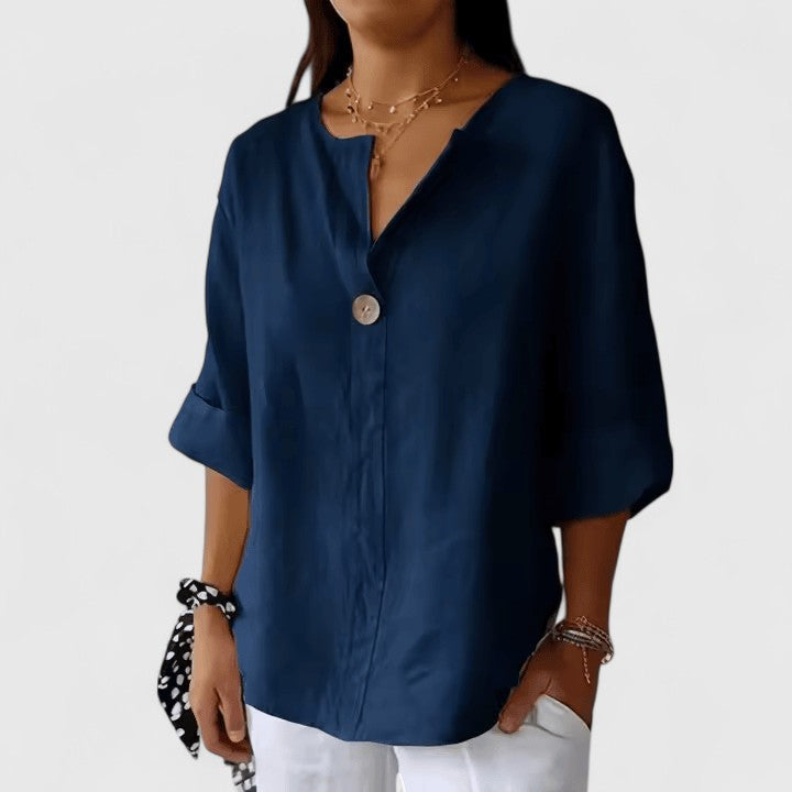 Women's elegant V-neck knot blouse. Chic, comfortable, and loose fit, a versatile top for summer fashion.