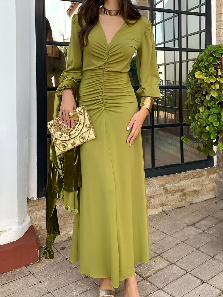 Green V-neck long sleeve ruched maxi dress, elegant high-low hem. Women's formal party dress.