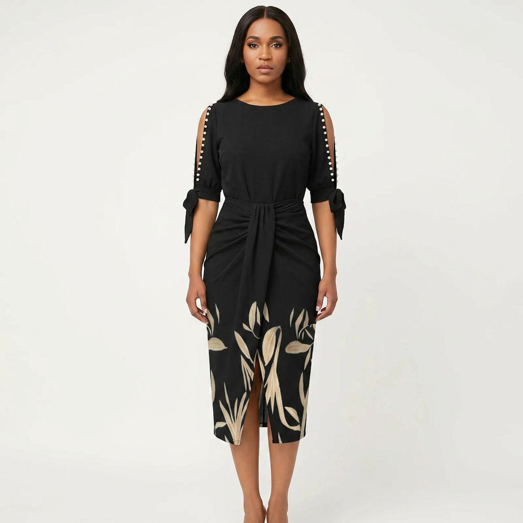 Elegant women's V-neck midi cocktail dress with romantic lace sleeves, perfect for formal occasions.