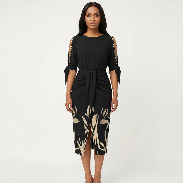 Elegant women's V-neck midi cocktail dress with romantic lace sleeves, perfect for formal occasions.
