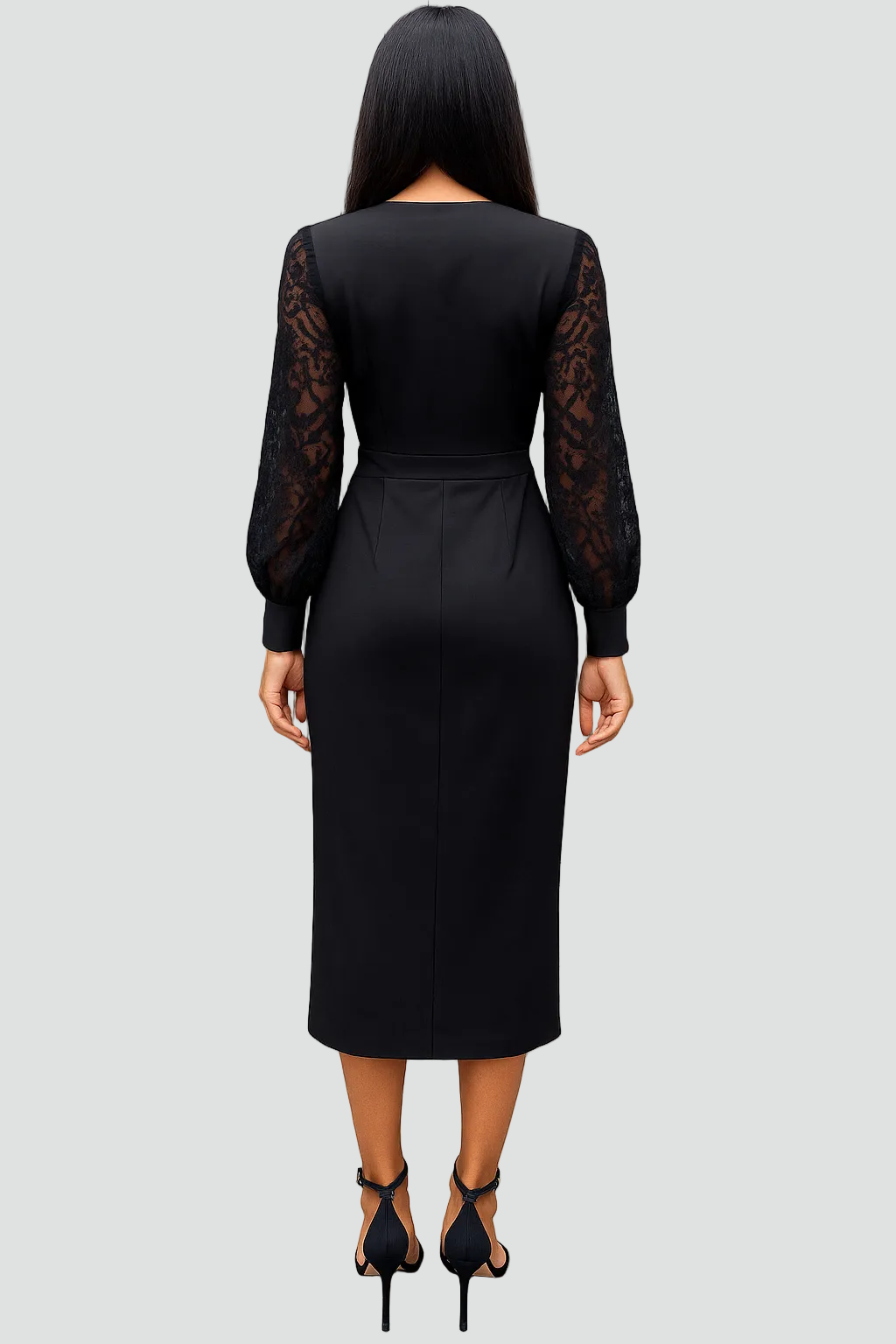Formal women's midi cocktail dress featuring a flattering V-neckline and elegant lace sleeves.