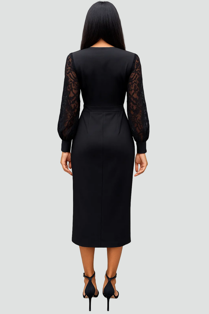 Formal women's midi cocktail dress featuring a flattering V-neckline and elegant lace sleeves.