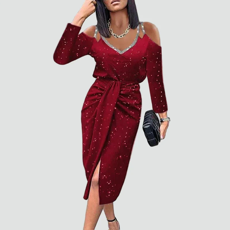 Stylish women's elegant midi dress. Features a V-neck & delicate lace sleeves, suitable for many occasions.