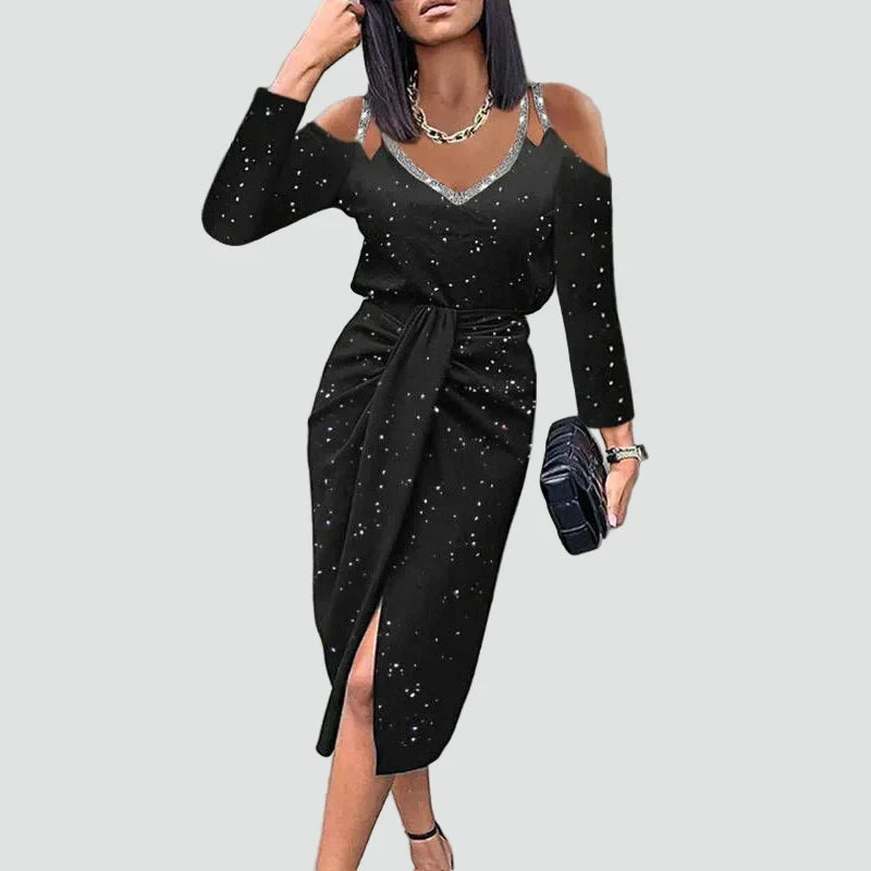 Plus size women's elegant V-neck midi cocktail dress with beautiful lace sleeves for a flattering fit.