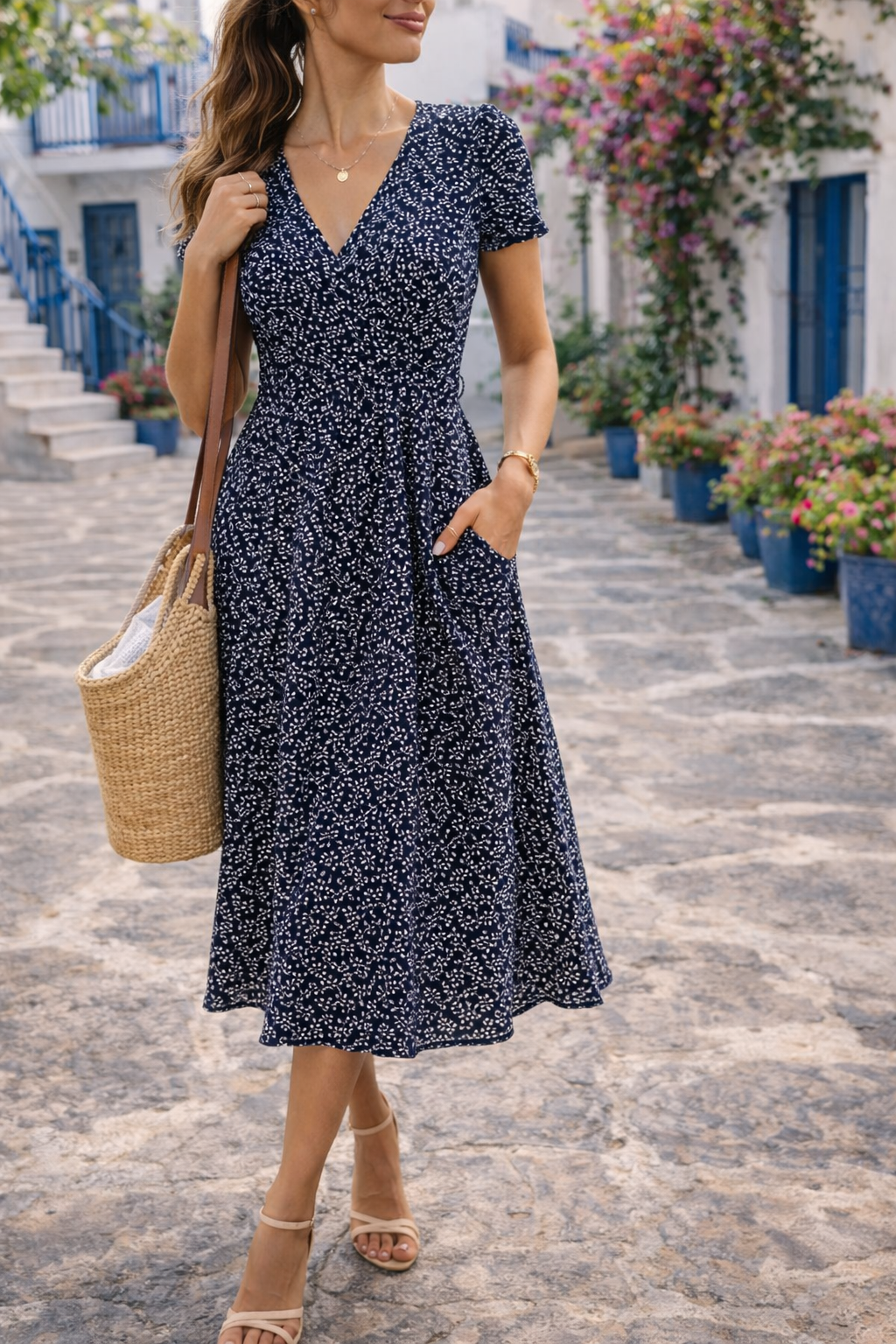 Elegant women's V-neck midi dress with a fitted bodice & flowy skirt. Ideal for spring & summer casual wear.