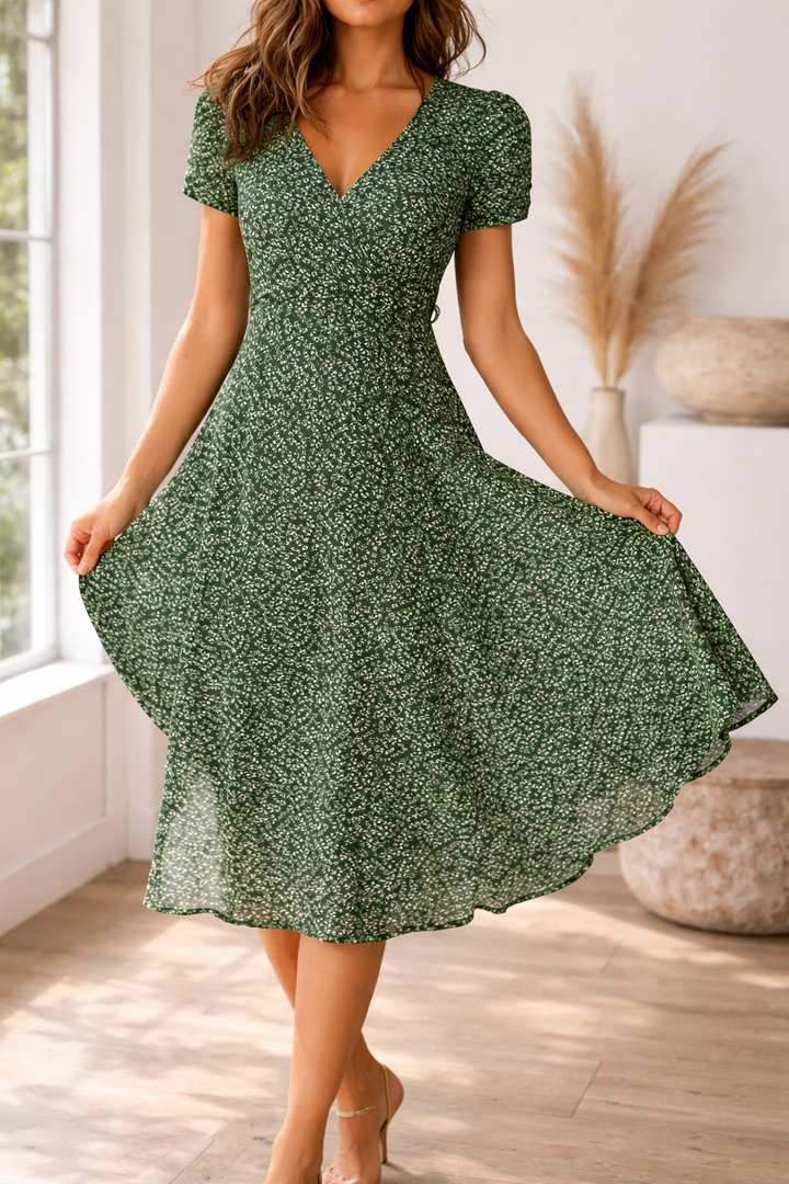 Casual women's V-neck midi dress with fitted bodice & short sleeves. Great for spring vacations & day events.