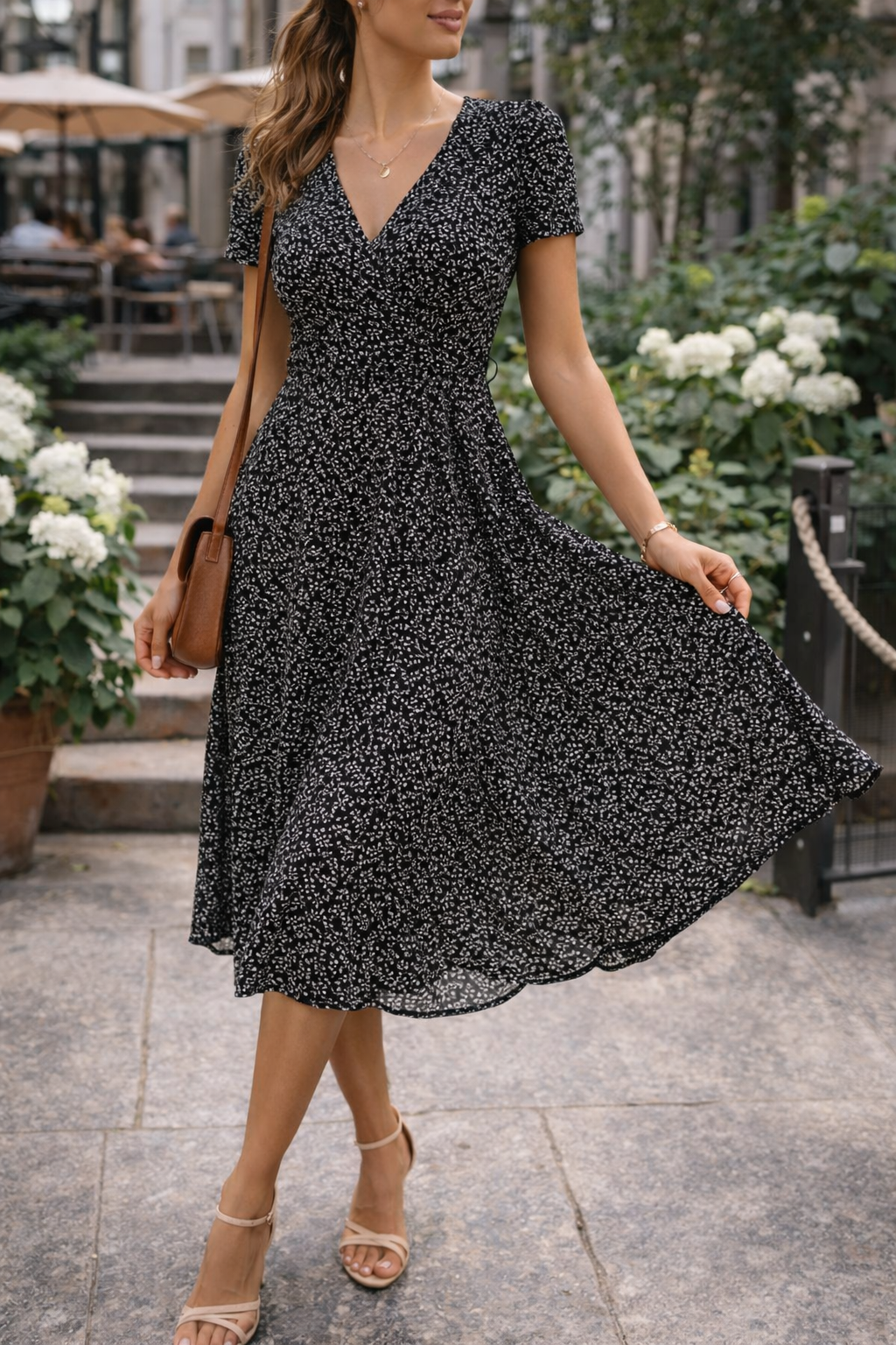 Versatile women's V-neck midi dress with short sleeves. Easily styled for casual day wear or elegant events.