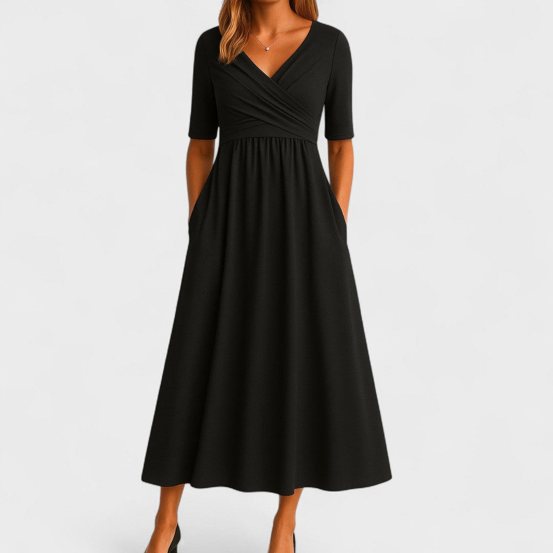 Elegant women's V-neck midi dress with flattering crossover waist, perfect for work or casual spring fashion.