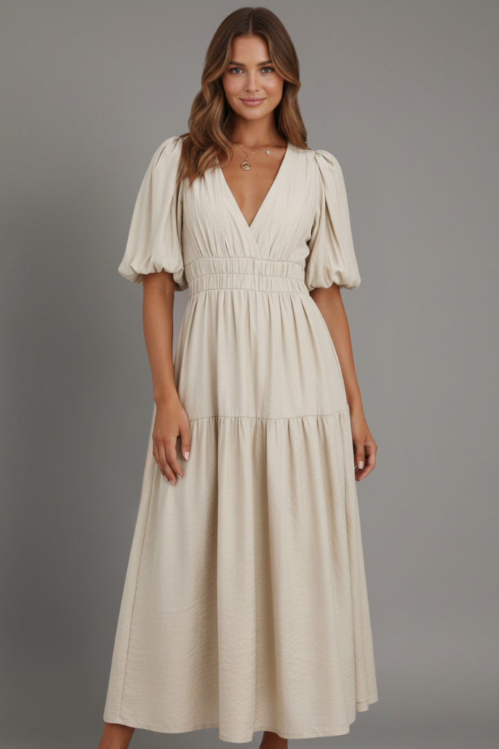 Chic women's V-neck midi dress, ideal for summer parties or casual elegant day wear. Features a beautiful layered hem.