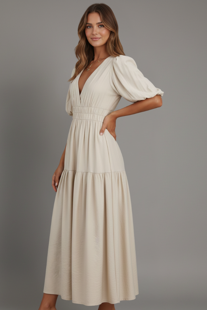 Stylish women's V-neck midi dress featuring an elegant layered hem for a sophisticated, versatile look.