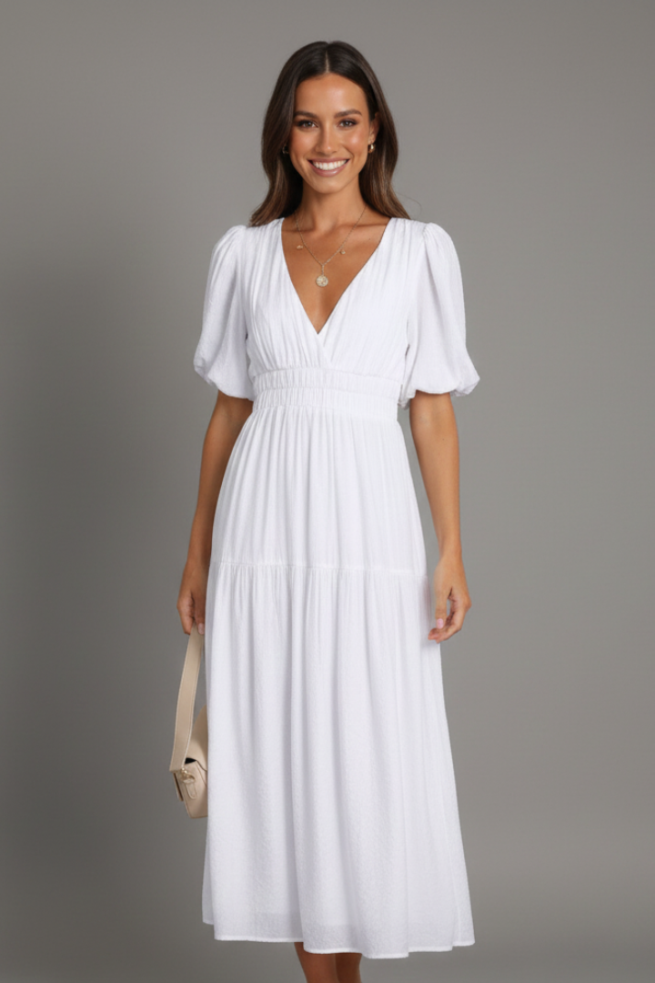 Fashionable women's V-neck midi dress, elegant layered hem design. Perfect for summer events or casual chic styling.