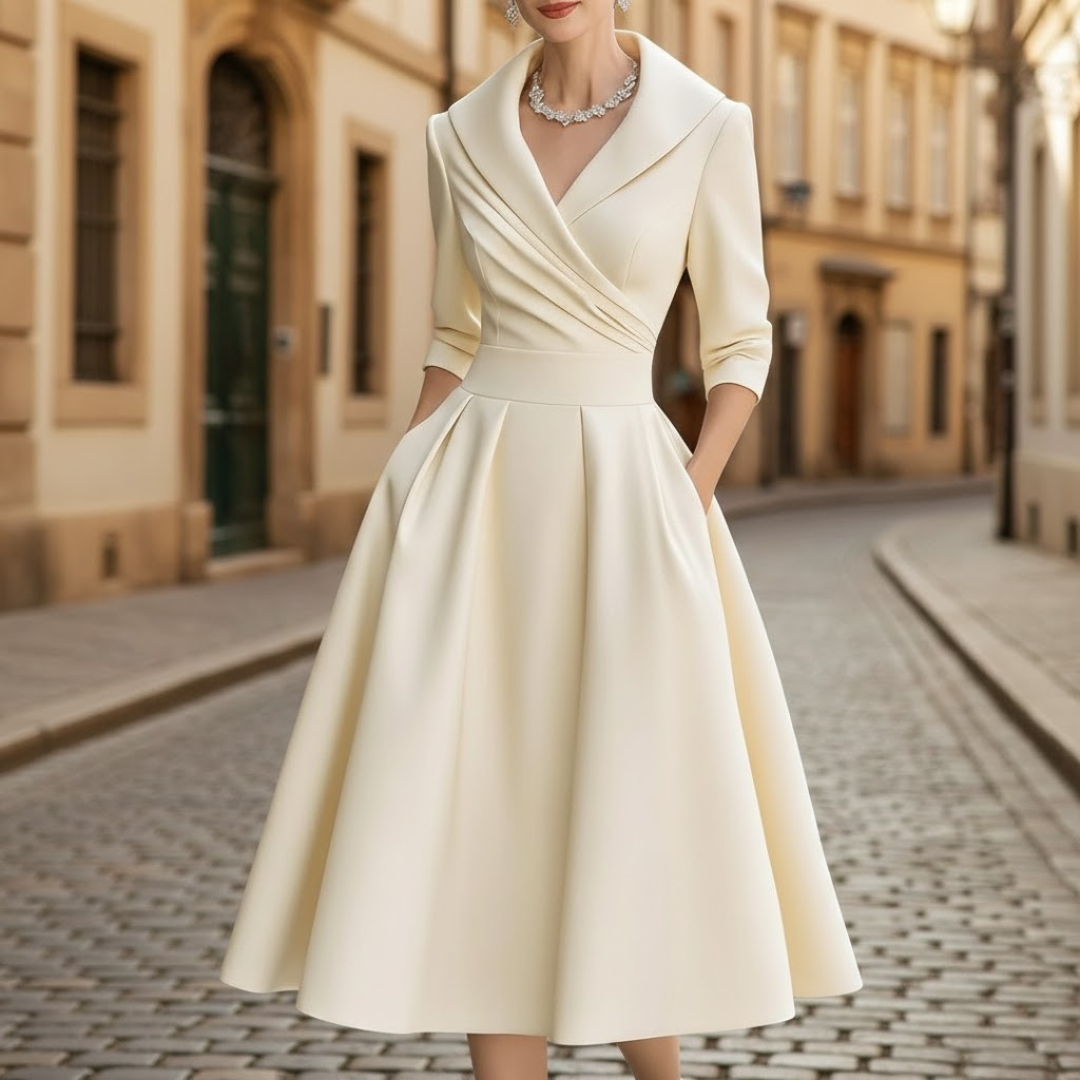 Elegant women's V-neck midi dress with three-quarter sleeves, perfect for occasion wear or office.