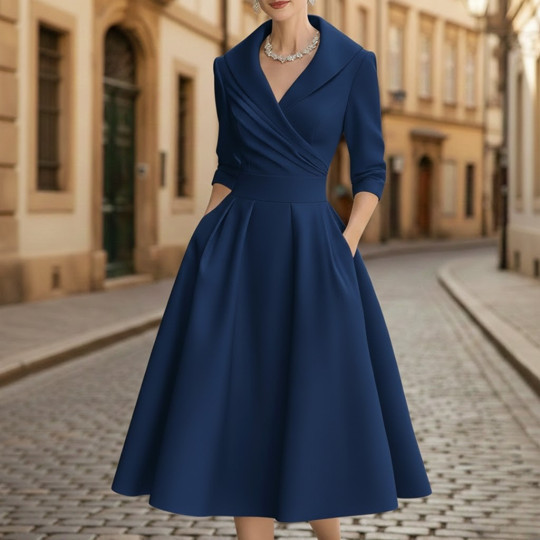 Versatile women's V-neck midi dress with three-quarter sleeves, flared skirt, available in colors.