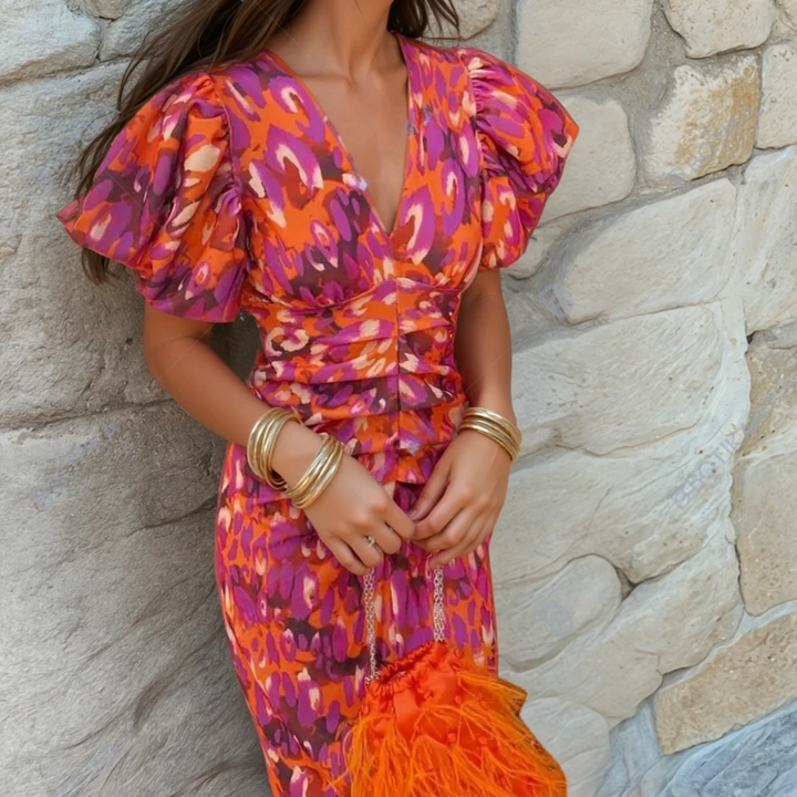 Elegant women's V-neck midi wedding guest dress with vibrant abstract print, perfect for special occasions.