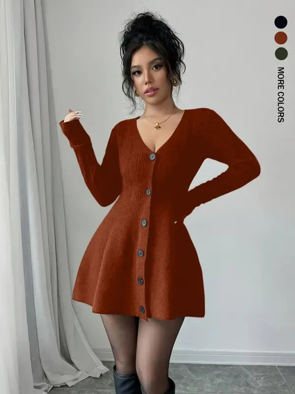 Elegant women's V-neck mini dress with long sleeves & flared skirt. Chic button-front design for parties & fashion.