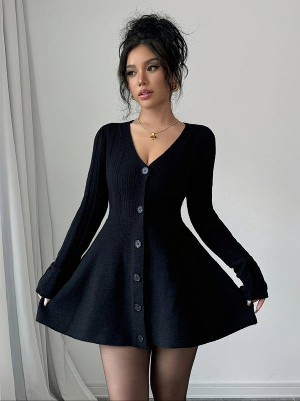 Chic women's V-neck mini dress with button front & flared skirt. Versatile long-sleeve elegant party fashion.
