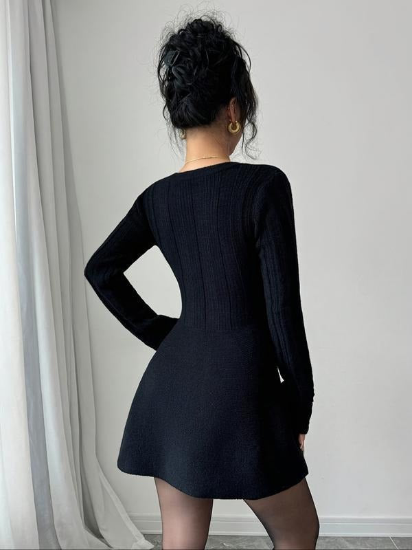 V-neck flared mini dress for women, featuring long sleeves & button-front. Elegant & chic party fashion choice.