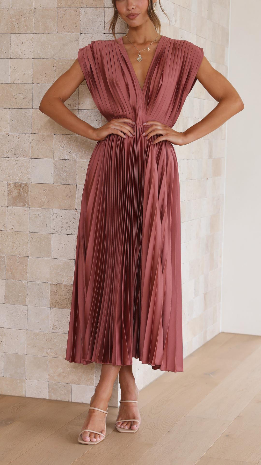 Elegant women's V-neck pleated maxi dress, perfect for formal occasions & wedding guests.
