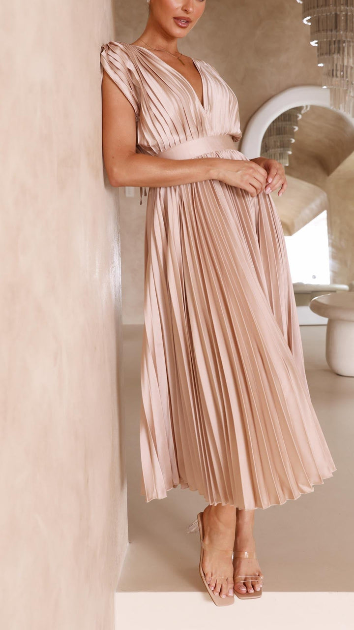 Elegant women's V-neck pleated maxi dress, a versatile piece for formal and semi-formal events.