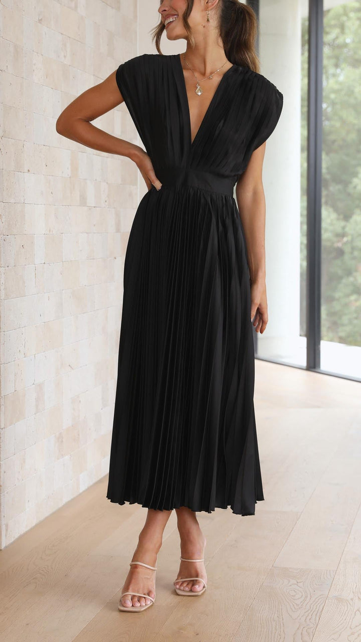Women's formal V-neck accordion pleat maxi dress, a stunning choice for special occasions.