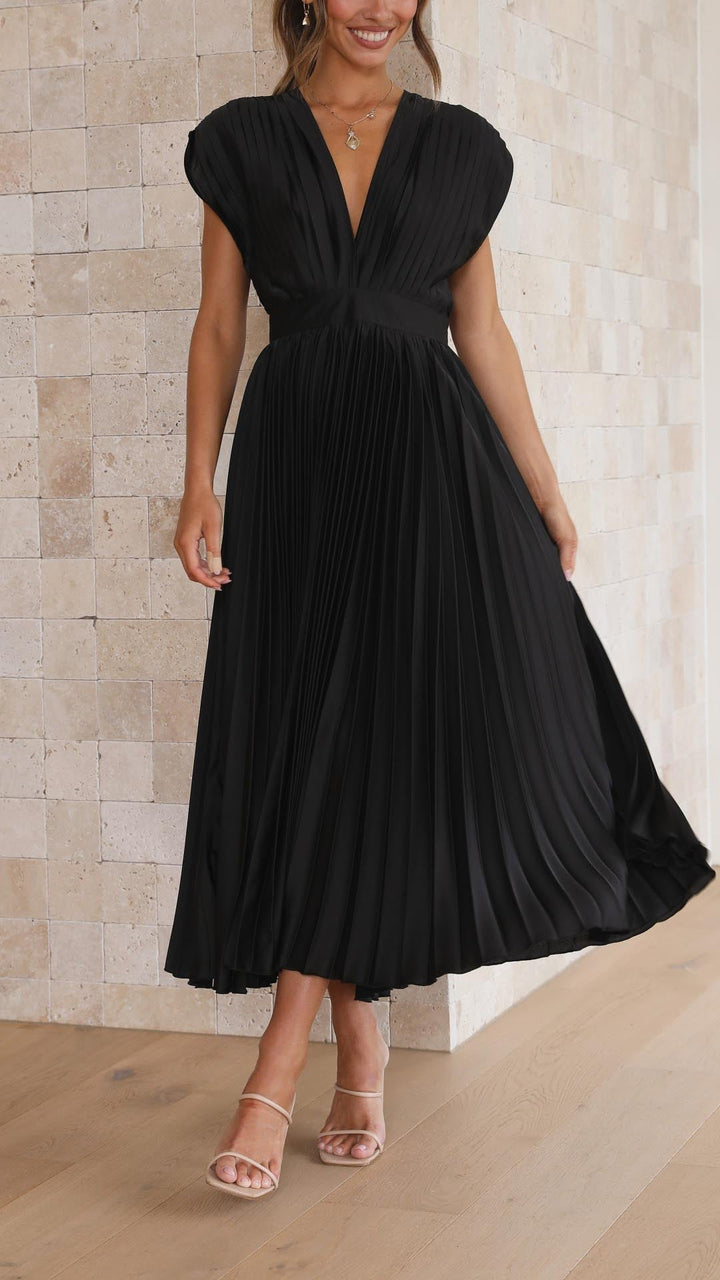 Stylish women's V-neck formal maxi dress featuring a beautiful pleated design.
