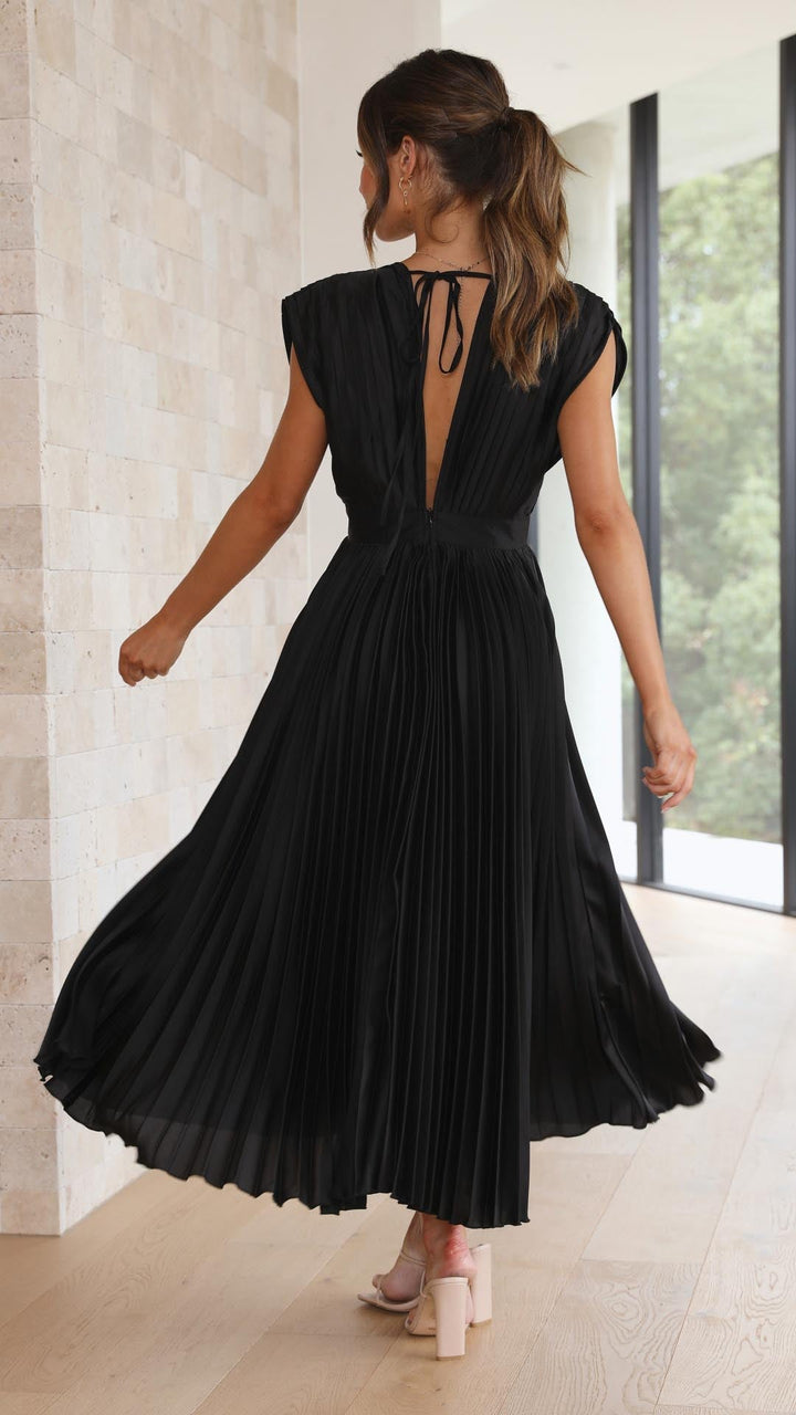 Graceful V-neck pleated maxi dress for women, suitable for formal occasions and evening wear.