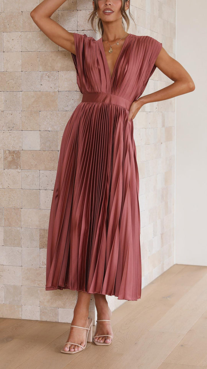 Women's formal sleeveless pleated maxi dress with a sophisticated V-neck design.