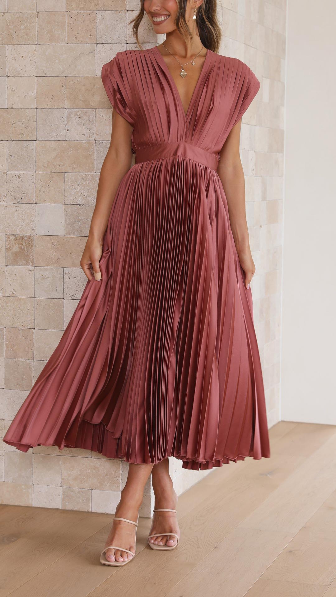 Chic V-neck pleated maxi dress for women, ideal for evening events, parties & special occasions.