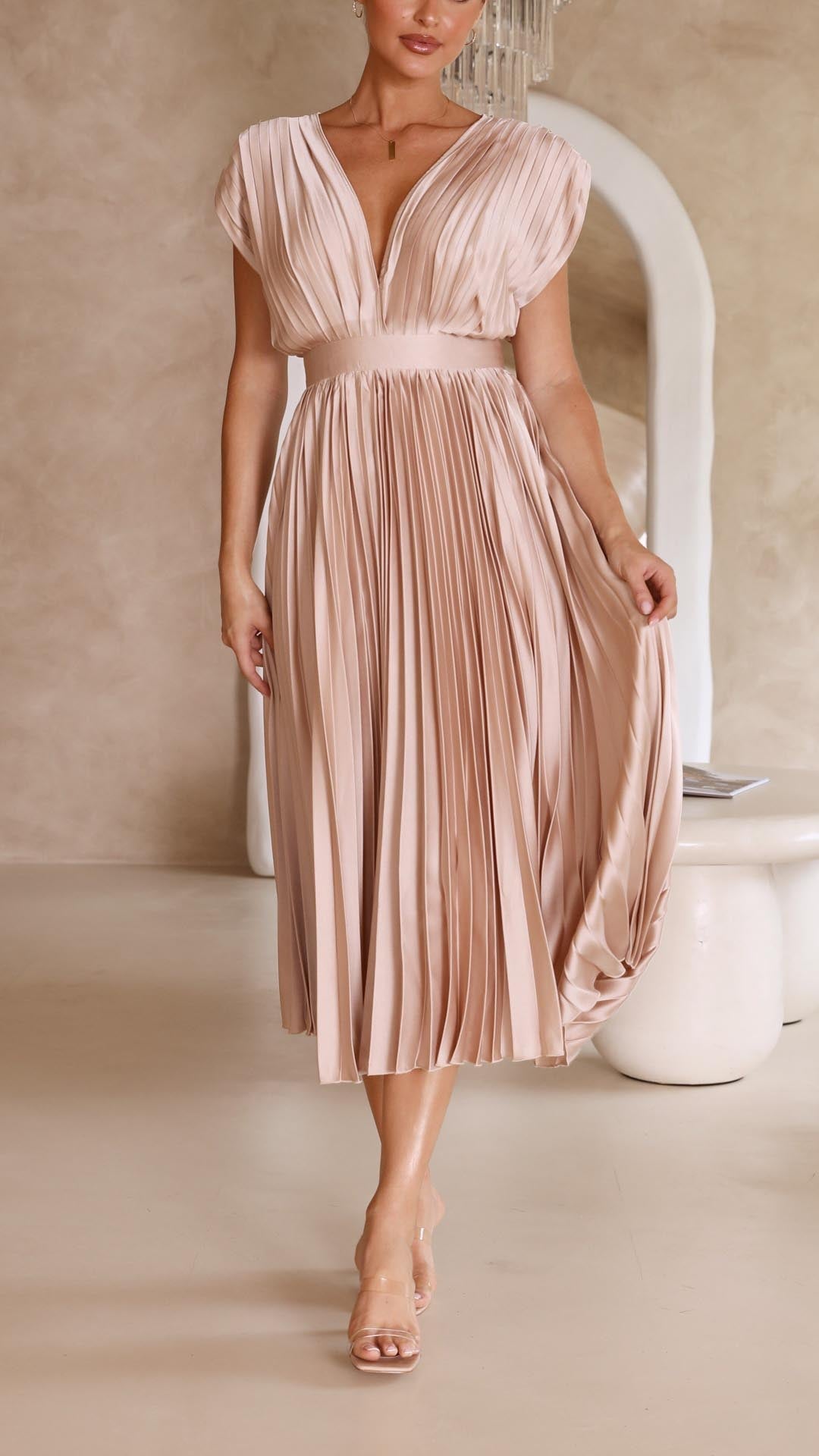 Sleeveless V-neck formal maxi dress for women, a beautiful option for wedding guest attire.