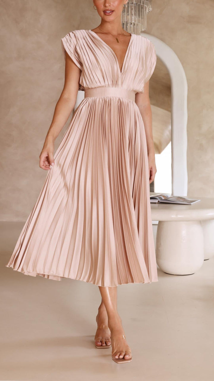 Sophisticated women's V-neck pleated maxi dress, perfect for formal dinners and dances.