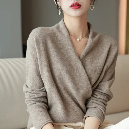 Elegant women's V-neck pullover sweater, perfect for versatile layering & chic winter fashion.