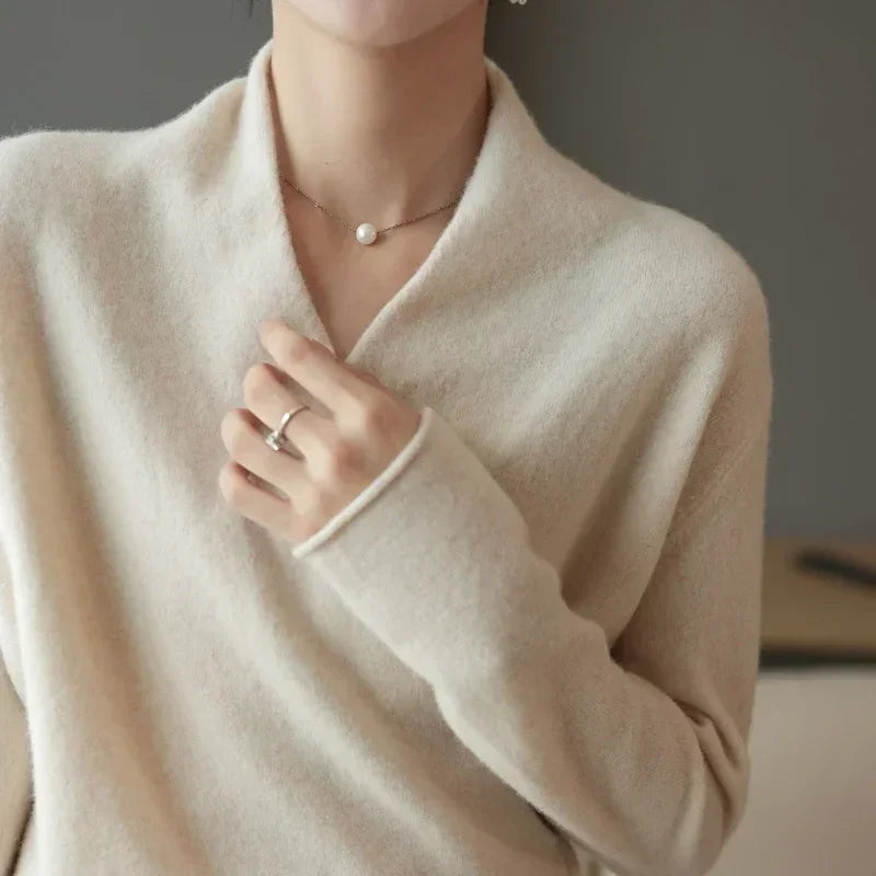 Women's elegant V-neck pullover sweater, cozy knitwear, perfect for everyday chic & layering.