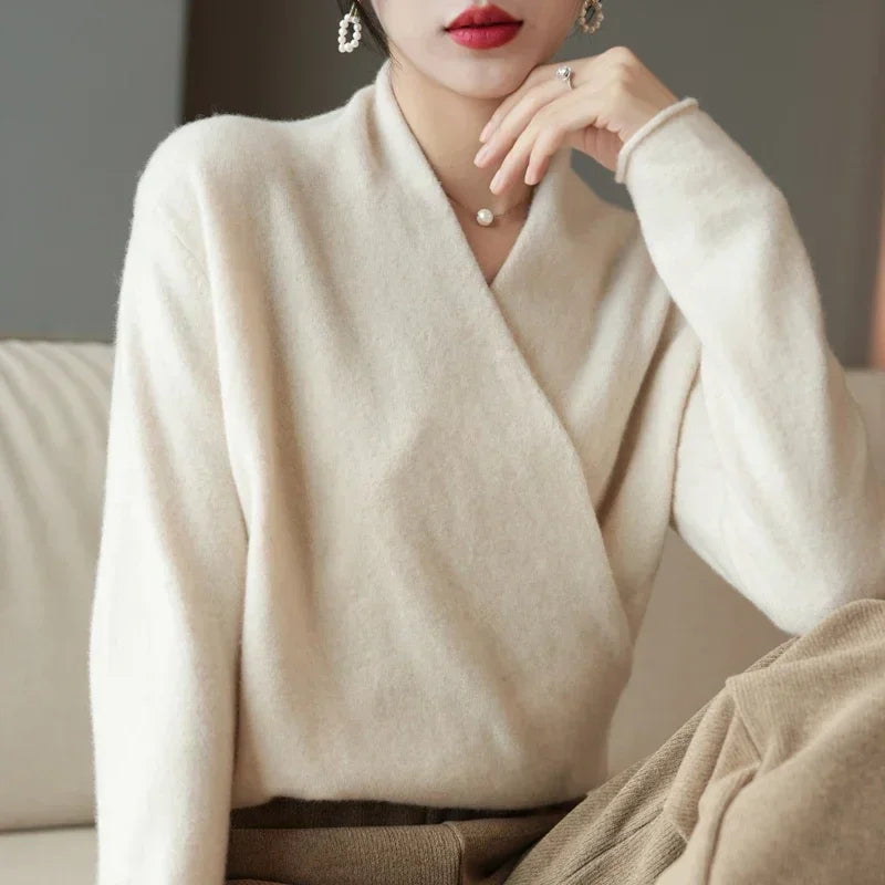 Versatile women's V-neck pullover sweater, an elegant and cozy knit top for winter fashion.