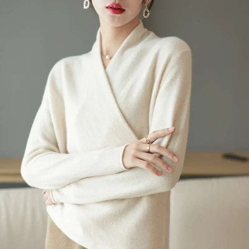Soft women's V-neck knit sweater, a chic pullover for elegant style & cozy winter fashion.
