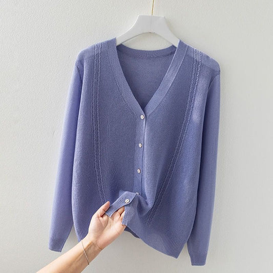 Elegant women's V-neck silk blend button-up knit top. Soft, breathable, perfect for versatile fashion.