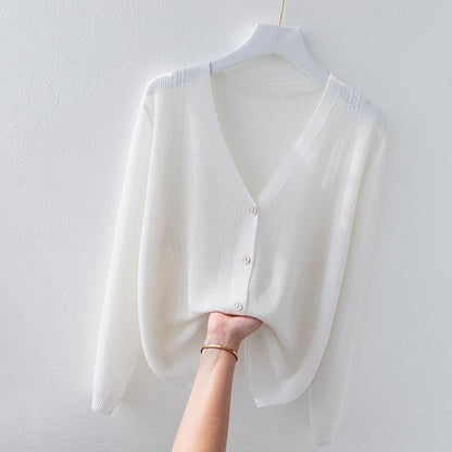 Classic women's V-neck knit top with full button-up front in a luxurious silk blend. Soft & elegant sweater.