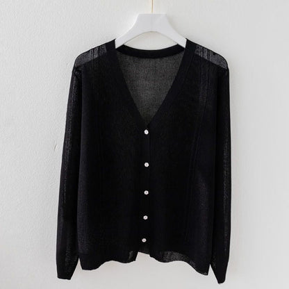 Close-up of elegant V-neck silk blend knit top. Detailed view of soft fabric and classic button-up design for women.