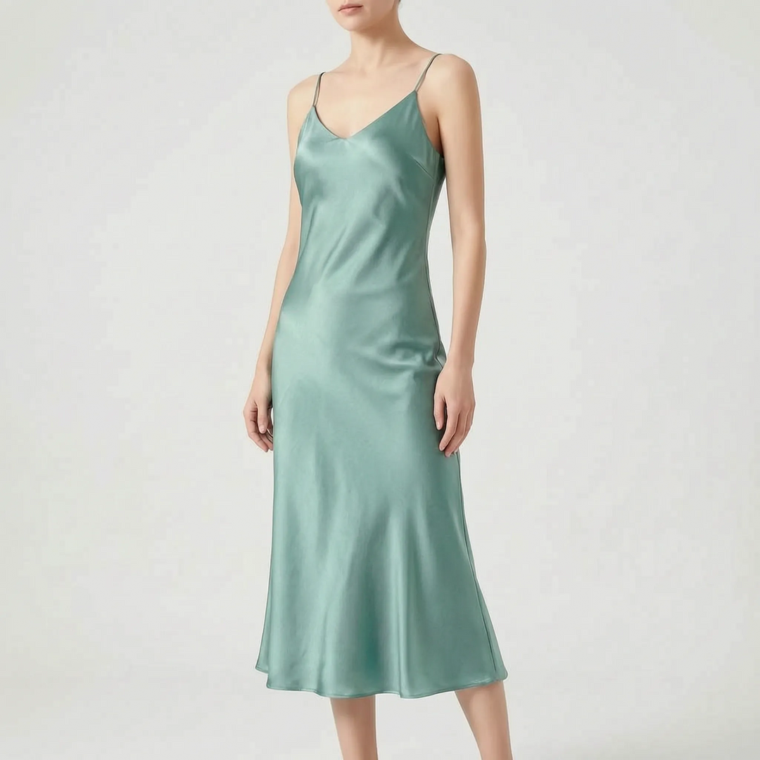 Beautiful sleeveless V-neck slip midi dress for women, showing its elegant A-line cut, perfect for evening wear.
