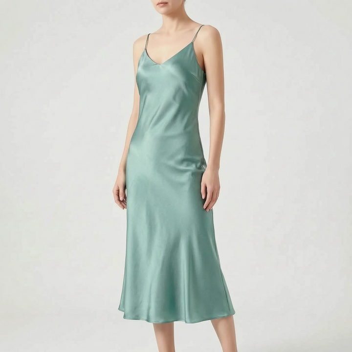 Beautiful sleeveless V-neck slip midi dress for women, showing its elegant A-line cut, perfect for evening wear.