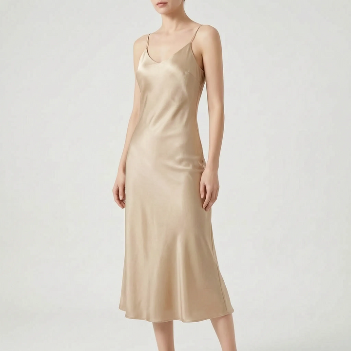 Sophisticated women's V-neck slip midi dress, an elegant choice for evening events, cocktail parties, and summer nights.