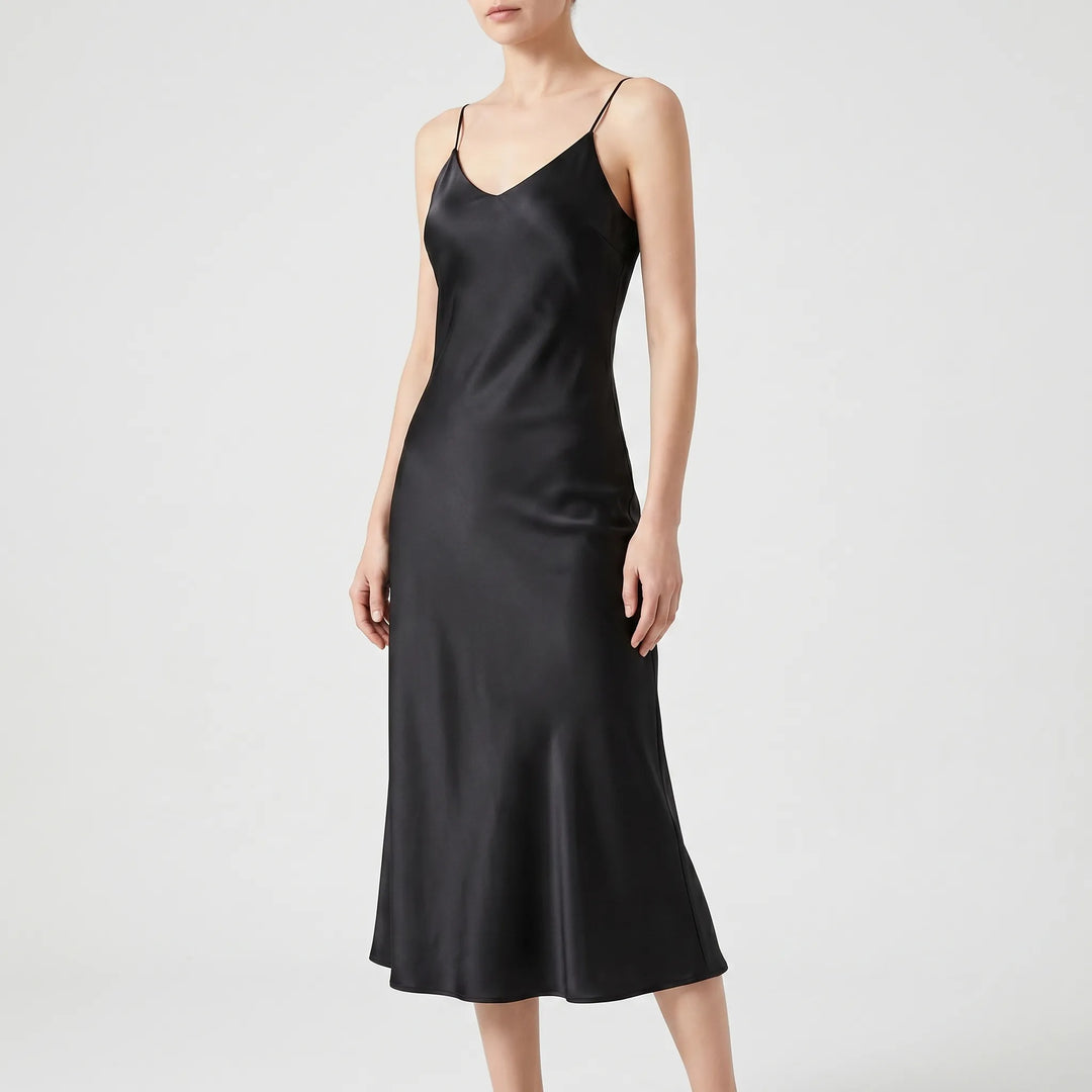 Women's elegant V-neck slip midi dress. Sleeveless A-line evening dress, perfect for cocktail parties and summer events.