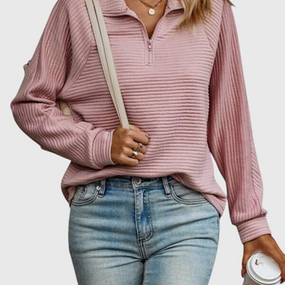 Elegant women's V-neck sweater with stylish zipper, perfect for a chic long sleeve look.