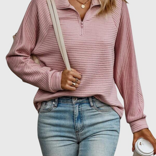 Elegant women's V-neck sweater with stylish zipper, perfect for a chic long sleeve look.