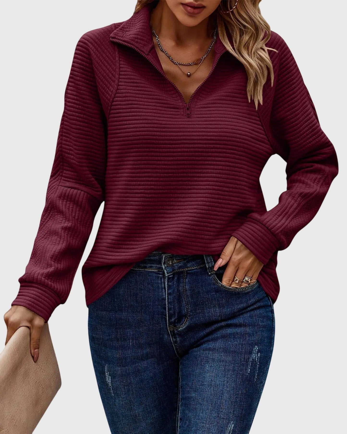 Women's elegant V-neck zipper sweater, long sleeve design. A stylish and versatile wardrobe addition.