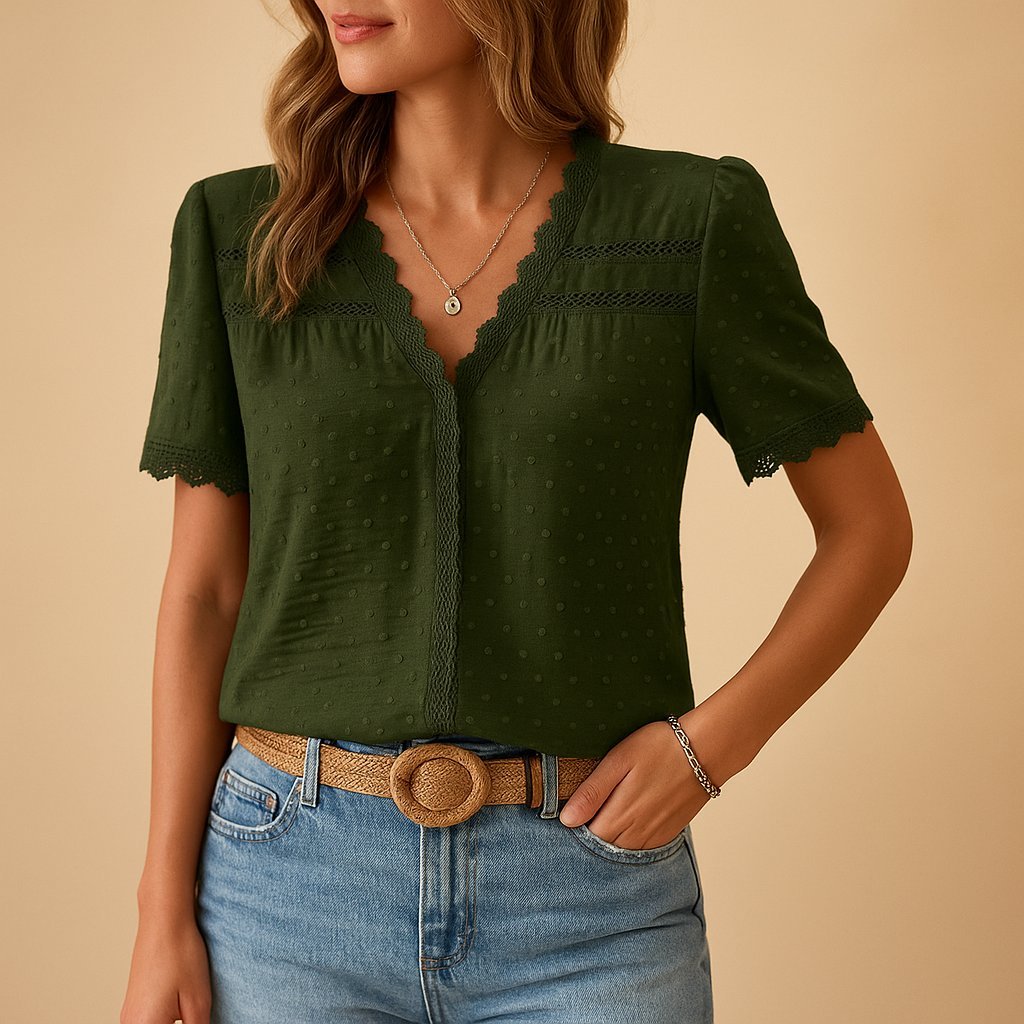 Casual short-sleeve V-neck blouse for women, featuring a relaxed fit, lace trim, and charming textured dots.