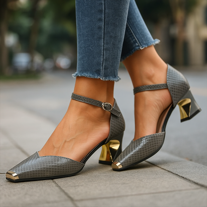 Chic women's block heels with a distinctive metal tip & textured finish. Elegant dress shoes.