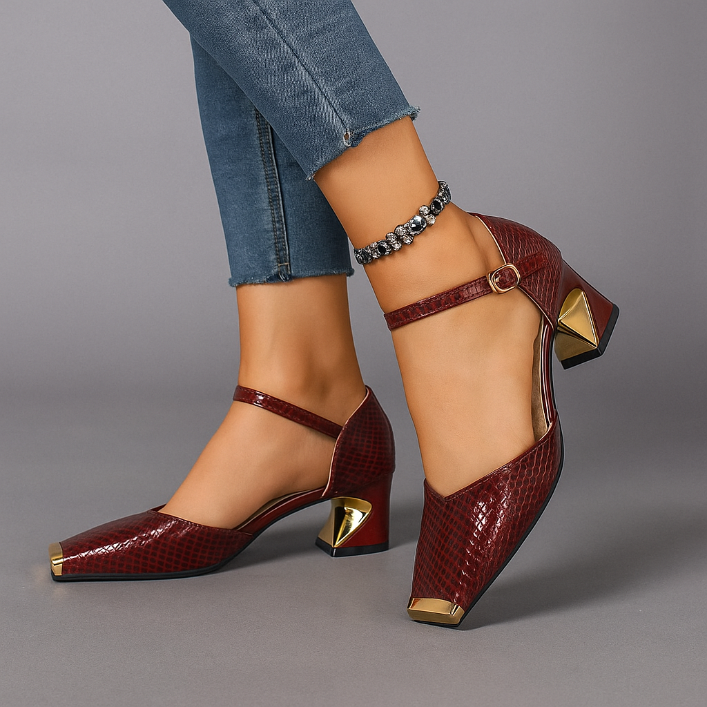 Stylish Valencia block heels for women, featuring a shiny metal tip. Ideal elegant dress shoes.